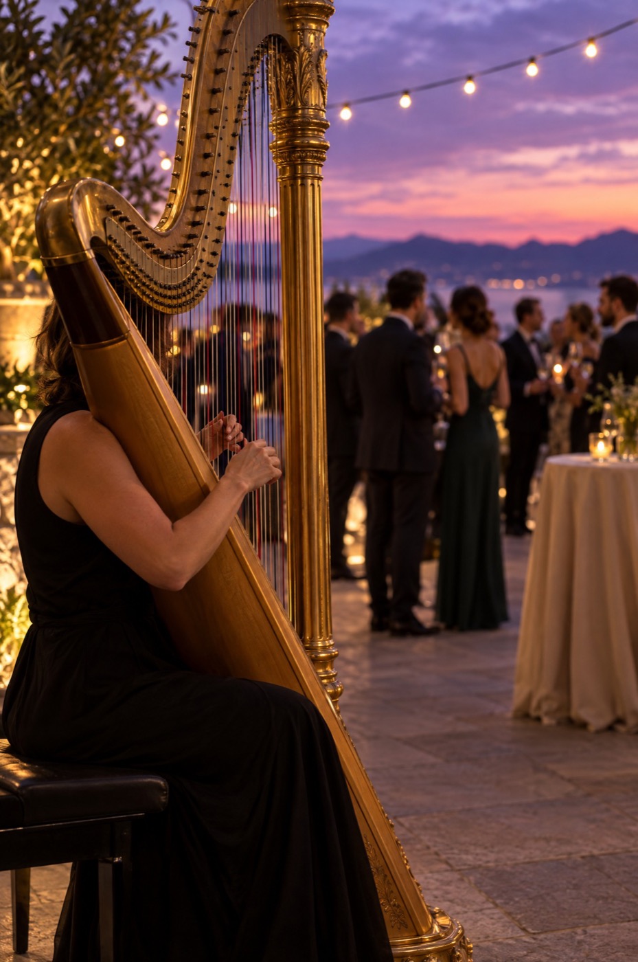 Harpiste de dos pendant un cocktail en terrasse au coucher du soleil, invités en tenue de soirée sous les guirlandes, Drop Music