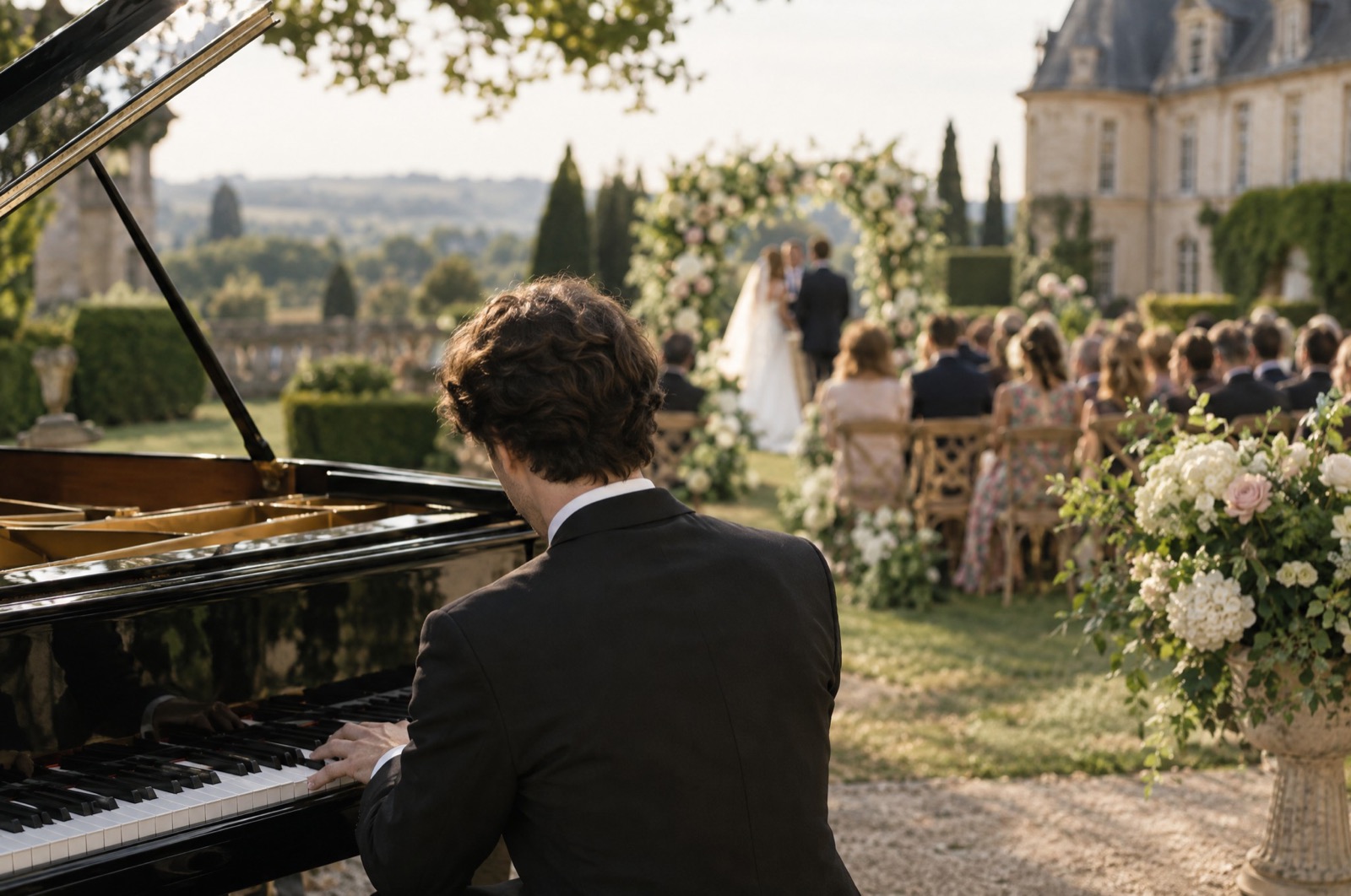 Pianiste de dos à un piano à queue, face à une cérémonie en plein air devant un château, arche fleurie et invités assis, Drop Music
