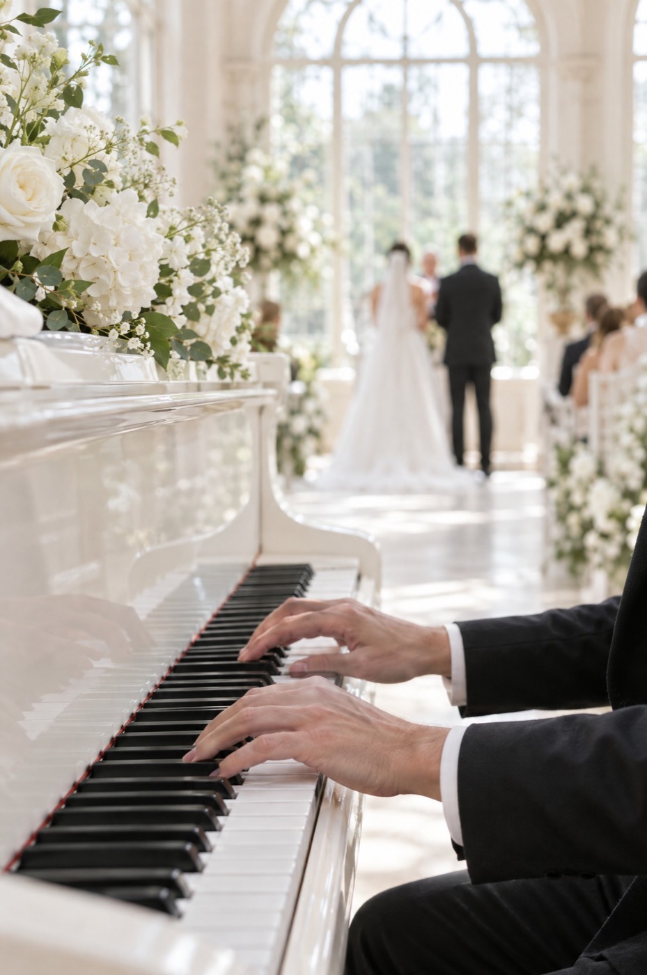 Mains du pianiste en gros plan sur un clavier blanc, les mariés et les invités derrière dans une verrière fleurie, Drop Music