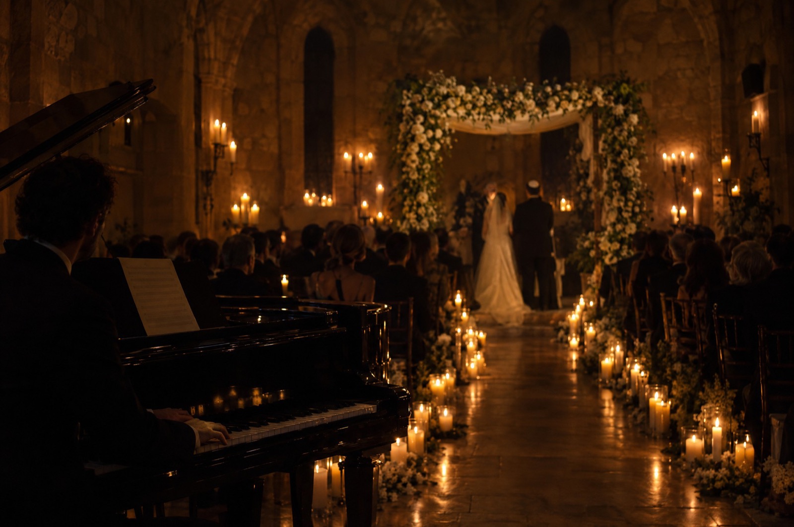 Pianiste au piano à queue dans une salle voûtée en pierre éclairée aux bougies, la mariée remonte l’allée vers l’arche fleurie, Drop Music