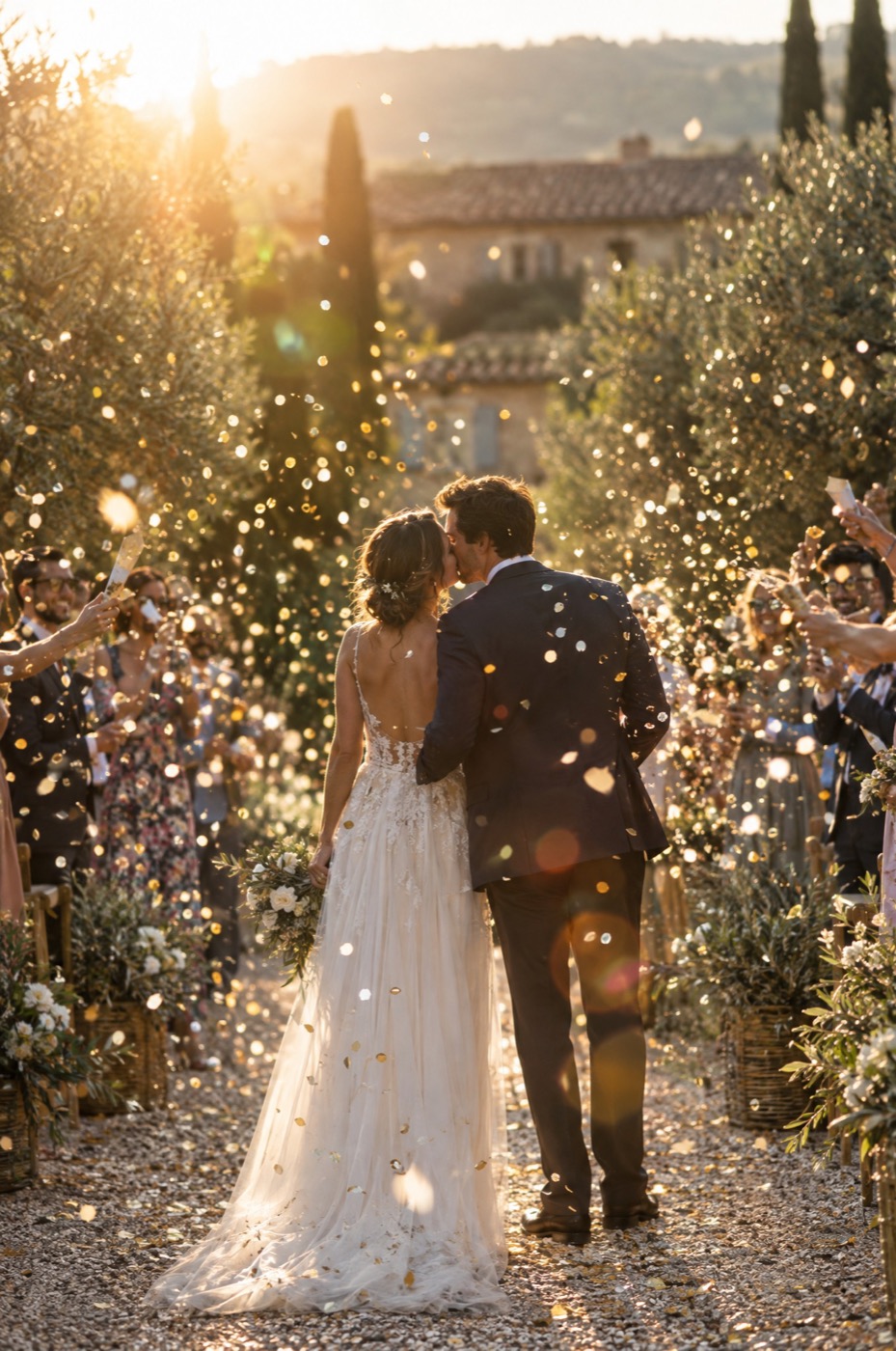 Les mariés s’embrassent sous une pluie de confettis à la sortie de la cérémonie, invités de chaque côté de l’allée, Drop Music