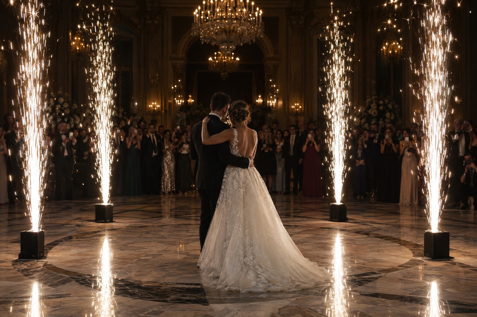 Les mariés dansent seuls au centre d’une salle de bal dorée, quatre jets d’étincelles froides de chaque côté, invités debout autour, Drop Music