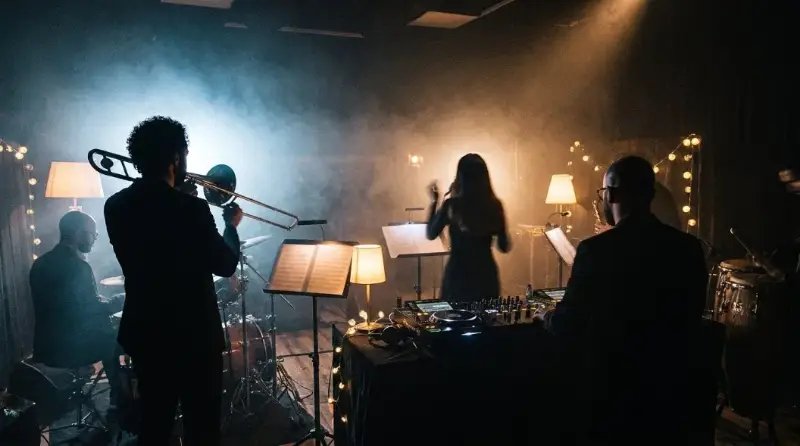 Répétition en formation avec musiciens et chanteurs